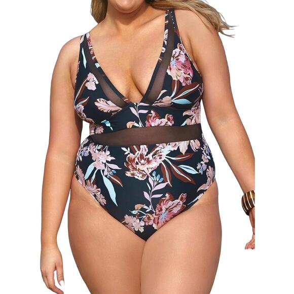 NWT Cupshe Womens Plus Size V Neck Mesh Sheer One Piece Swimsuit Black Size 2X - Picture 1 of 7